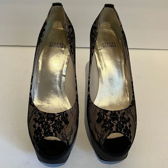 Stuart Weitzman Lillie Nude Luxe Lace Peep Toe Platform Heels Size 10 - Picture 4 of 16